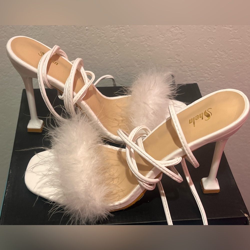 SHEIN White Fluffy Strappy Heels